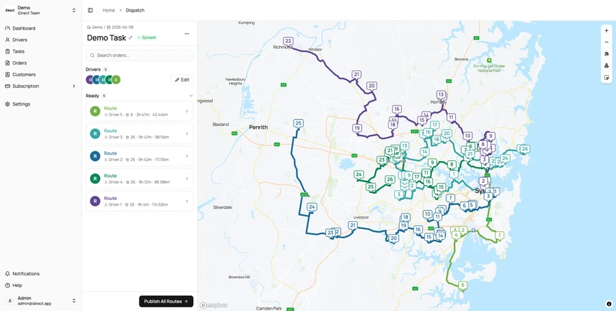 iDirect dispatch dashboard with multiple driver routes planned across Sydney, ready to publish