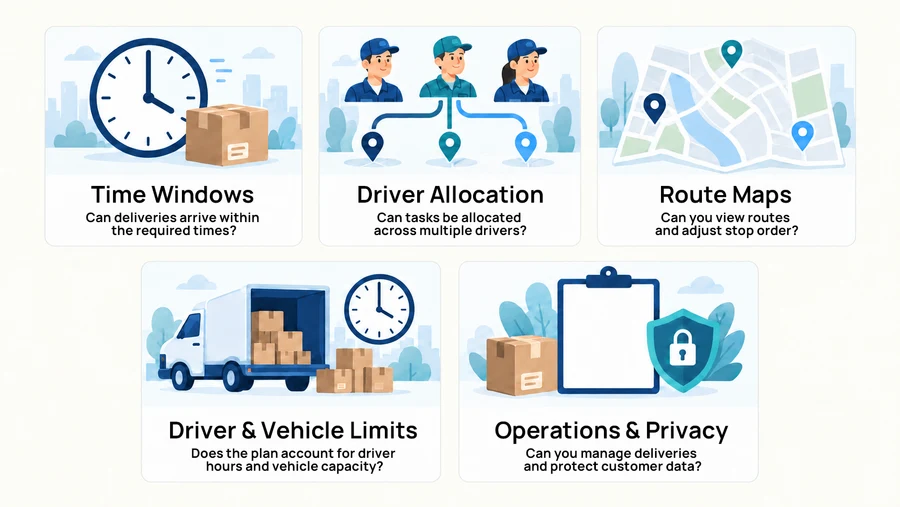 Five illustrated cards showing delivery planning checks: time windows, driver allocation, route maps, driver and vehicle limits, and delivery operations and data privacy.